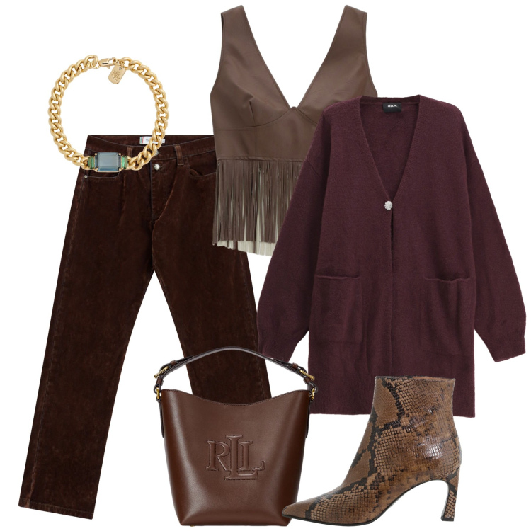 Outfit donna - Serata frange. Stile Casual chic per Serata fuori. Abbinamento con top, pantaloni, stivaletti, cardigans, borse a secchiello, braccialetti.