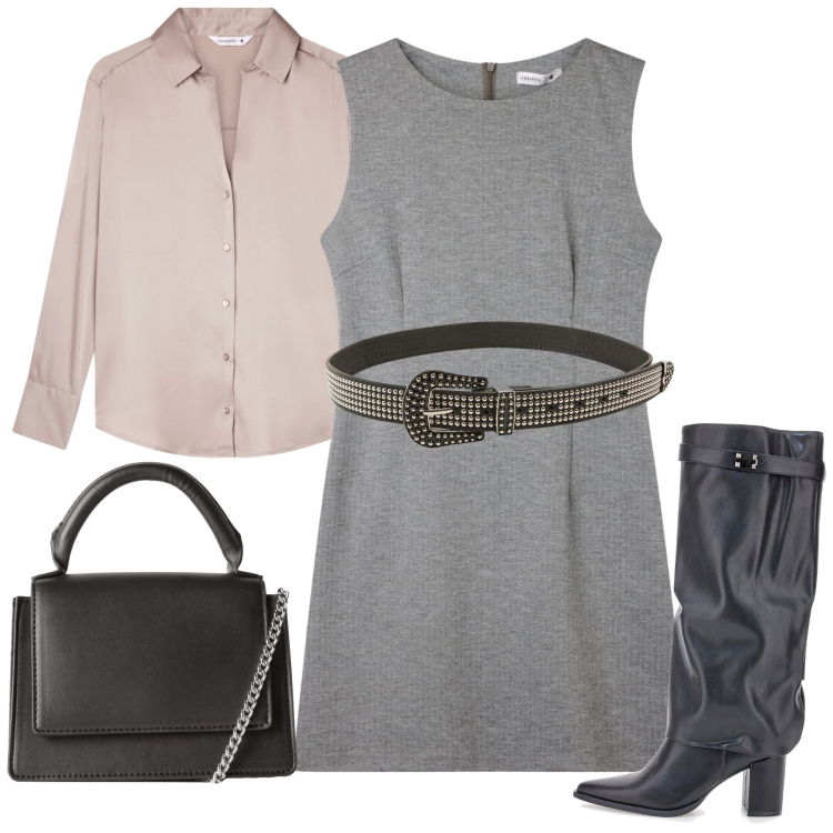 Outfit donna - City. Stile Casual chic per Tutti i giorni. Abbinamento con cinture, vestiti senza maniche, borse a tracolla, camicie, stivali.