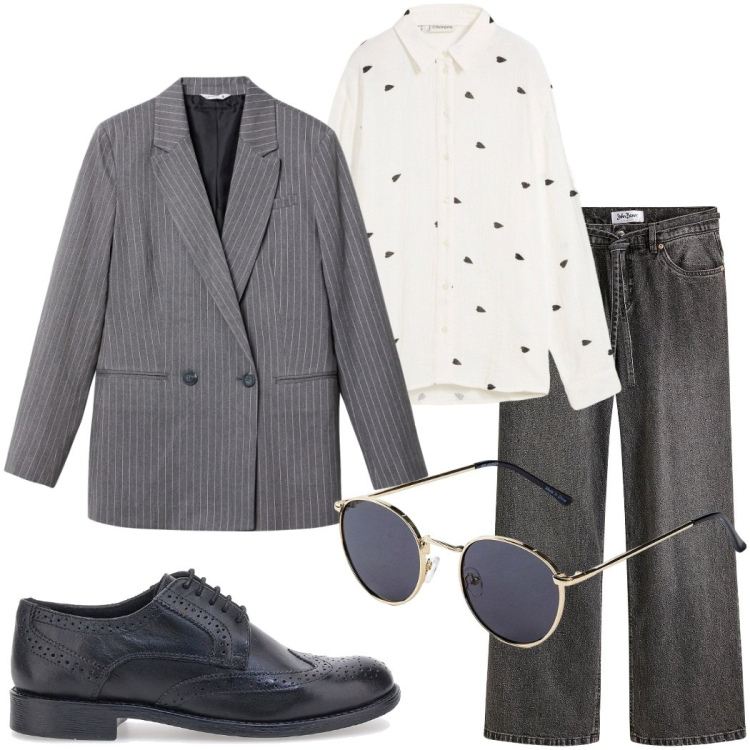 Outfit donna - Lines of style. Stile Casual chic per Tutti i giorni. Abbinamento con camicie, occhiali da sole, jeans, blazer, scarpe stringate.