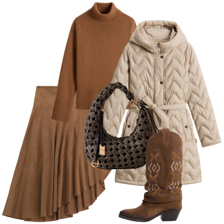 Outfit donna - Chic asimmetrica. Stile Chic per Tutti i giorni. Abbinamento con borse a mano, gonne longuette, stivali, maglieria, parka.