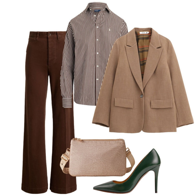Outfit donna - Novembre. Stile Bon Ton per Ufficio. Abbinamento con blazer, borse a tracolla, décolleté, camicie, pantaloni.