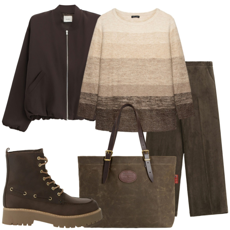 Outfit donna - Bomber con zip e anfibi. Stile Trendy per Tutti i giorni. Abbinamento con pantaloni a palazzo, bomber, stivaletti, borse tote, maglieria.