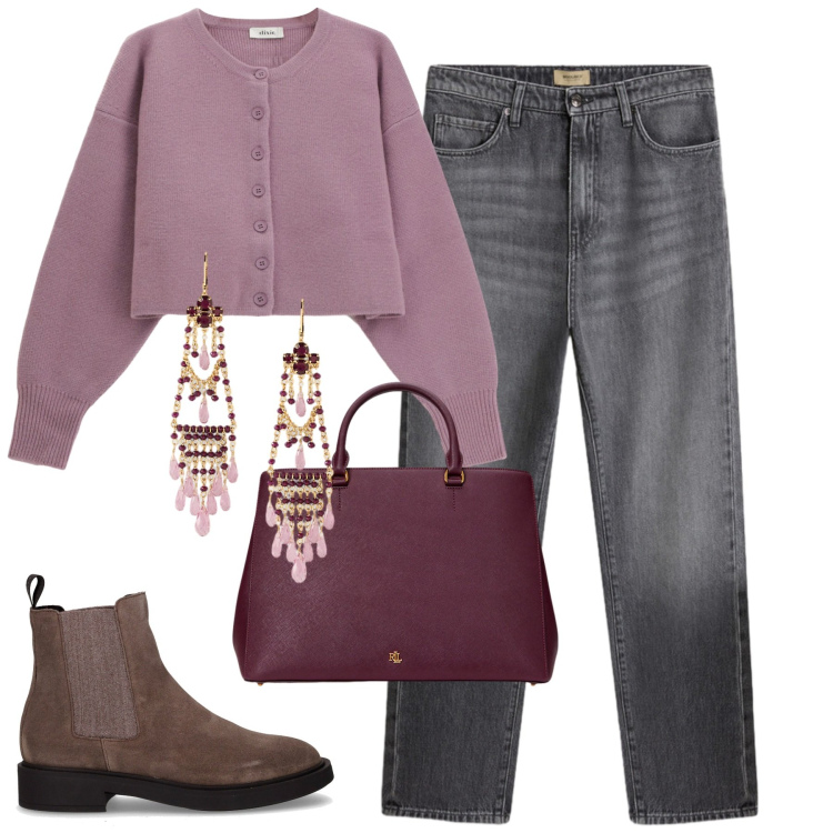 Outfit donna - City. Stile Casual chic per Tutti i giorni. Abbinamento con cardigans, borse a mano, orecchini, jeans, stivaletti chelsea.