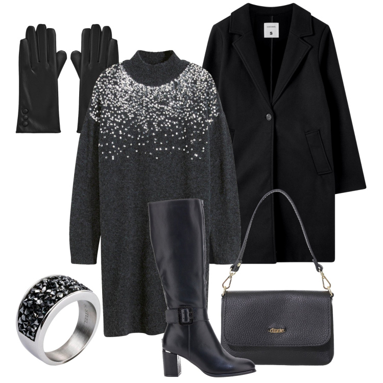 Outfit donna - Mini strass H24. Stile Trendy per Tutti i giorni. Abbinamento con vestiti, anelli, cappotti, guanti, borse a tracolla, stivali sopra il ginocchio.