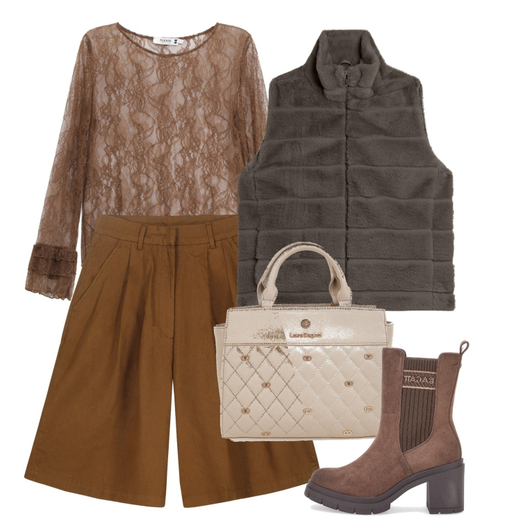 Outfit donna - Serata. Stile Chic per Serata fuori. Abbinamento con top, gilet, stivaletti chelsea, bermuda, borse a mano.