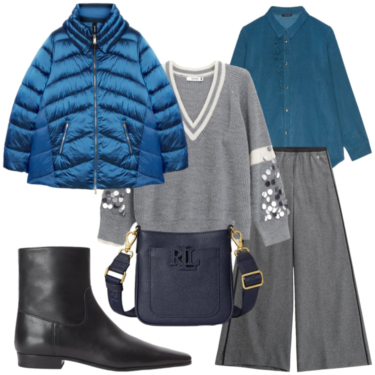 Outfit donna - Total look #2283472. Stile Casual chic per Tutti i giorni. Abbinamento con pantaloni, maglieria, stivaletti, borse a tracolla, piumini, camicie.