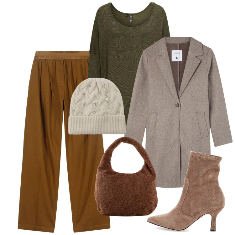 Outfit donna - Versatile. Stile Chic per Tutti i giorni. Abbinamento con maglieria, shopping bag, cappotti, berretti, pantaloni, stivaletti.