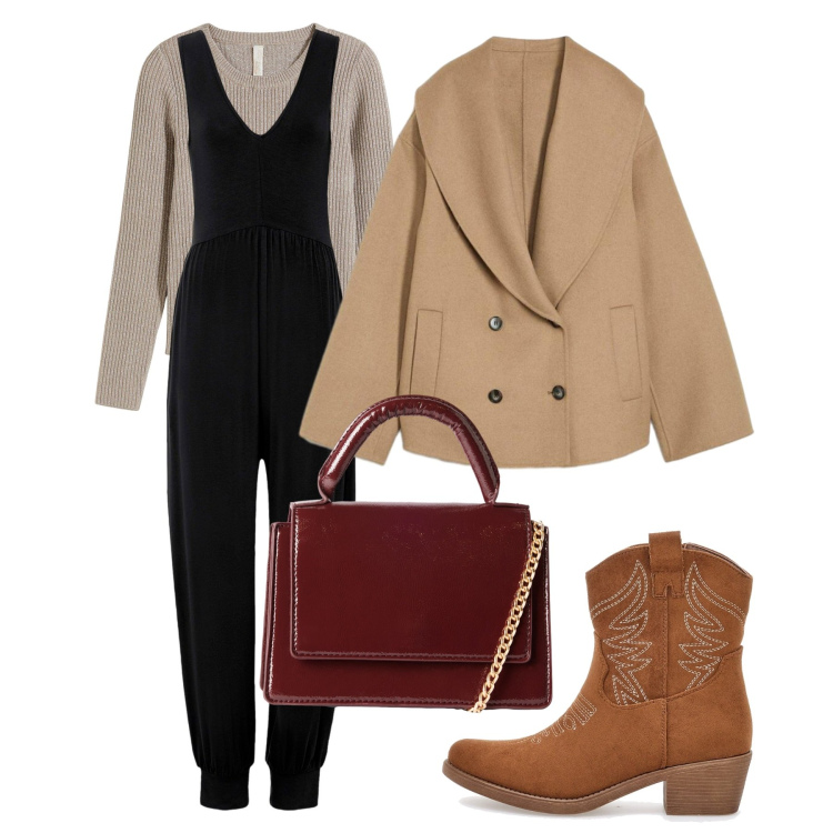 Outfit donna - Chic in jumpsuit. Stile Chic per Serata fuori. Abbinamento con blazer, tute, maglieria, borse a tracolla, stivaletti texani.