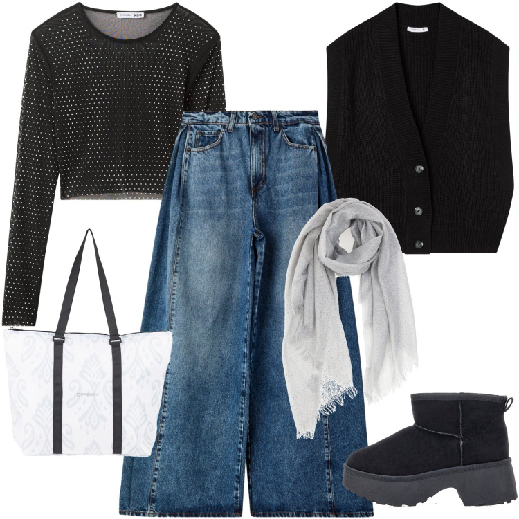 Outfit donna - easy chic. Stile Urban per Tutti i giorni. Abbinamento con jeans, maglieria, maglieria, shopping bag, foulard, stivaletti.