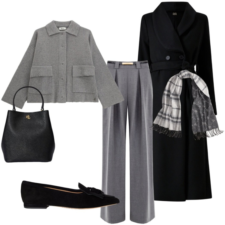 Outfit donna - Comfy autunnale. Stile Chic per Serata fuori. Abbinamento con pantaloni a palazzo, cappotti, cardigans, borse a secchiello, ballerine, sciarpe.