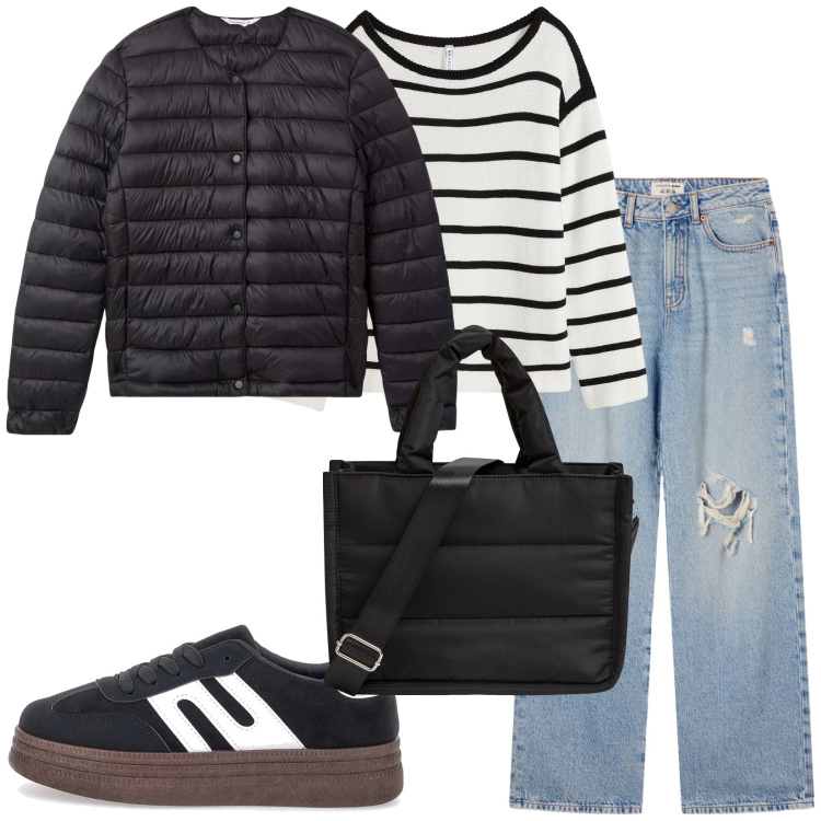 Outfit donna - Total look #2283482. Stile Urban per Tutti i giorni. Abbinamento con maglieria, shopping bag, jeans strappati, piumini, sneakers.