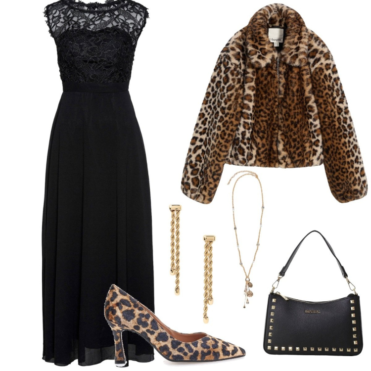 Outfit donna - Comincia la festa. Stile Minimal per Serata fuori. Abbinamento con vestiti lunghi, ecopellicce, pochette, orecchini, décolleté, ciondoli.