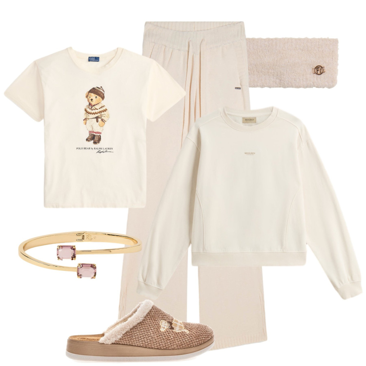 Outfit donna - Comfy chic sul divano. Stile Casual per Tutti i giorni. Abbinamento con fasce per capelli, pantaloni, felpe, t-shirt, braccialetti, pantofole.