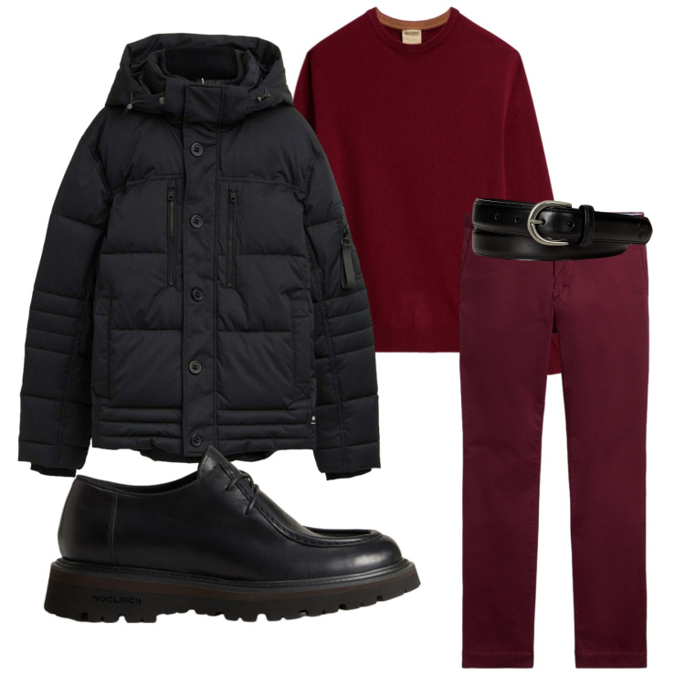 Outfit uomo - Total look #2283485. Stile Trendy per Serata speciale. Abbinamento con piumini, cinture, pantaloni, scarpe stringate, maglieria.