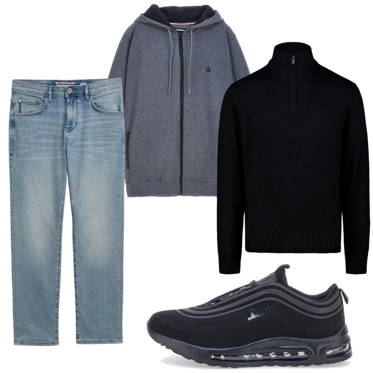 Outfit uomo - Total look #2283488. Stile Casual per Tutti i giorni. Abbinamento con jeans dritti, sneakers, maglieria, felpe con cappuccio.
