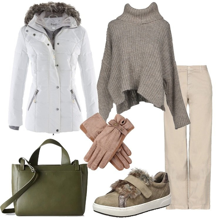 Outfit donna - Giacca bianca slip on con ecopelliccia. Stile Basic per Tutti i giorni. Abbinamento con piumini, maglioncino spacchi laterali lavorato a maglia collo a dolcevita a maniche lunghe tinta unita, pantalone wide leg con zip twill, mocassini marrone e grigio, borsa a tracolla multicolore, guanti marrone.