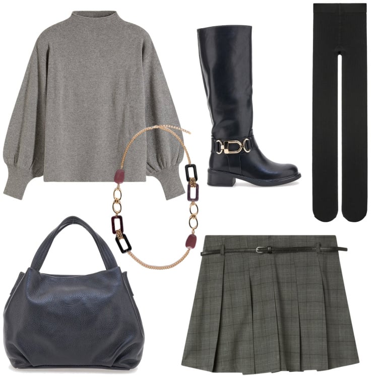 Outfit donna - Impeccabile in ufficio. Stile Trendy per Ufficio. Abbinamento con maglieria, minigonne, collant, stivali, collane, borse a spalla.