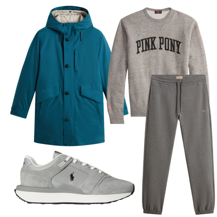 Outfit uomo - Total look #2283496. Stile Urban per Sport. Abbinamento con felpe, sneakers, pantaloni, cappotti.