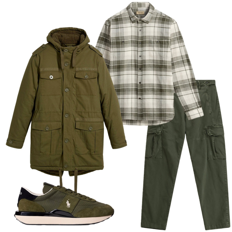 Outfit uomo - Total look #2283498. Stile Urban per Tutti i giorni. Abbinamento con parka, pantaloni cargo, sneakers, camicie.