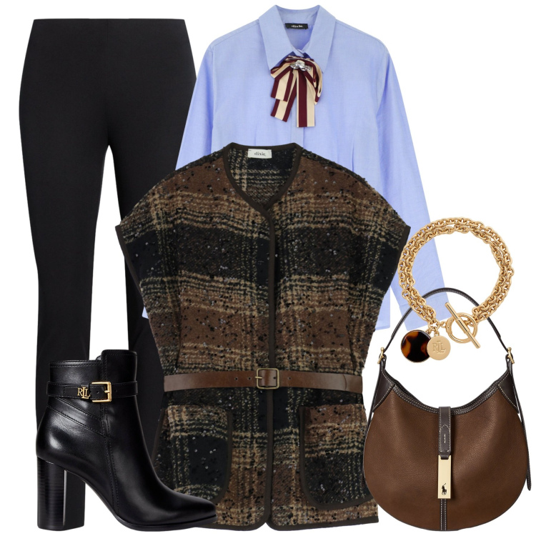 Outfit donna - City. Stile Casual chic per Tutti i giorni. Abbinamento con camicie, gilet, pantaloni skinny, borse a spalla, stivaletti, braccialetti con ciondoli.