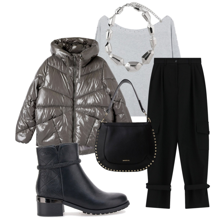 Outfit donna - Total look #2283512. Stile Casual chic per Tutti i giorni. Abbinamento con bomber, maglieria, pantaloni, borse a spalla, stivaletti, ciondoli.