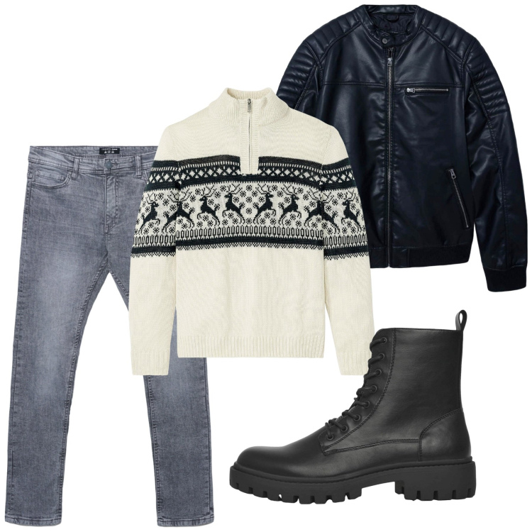 Outfit uomo - Novembre. Stile Biker Rock per Tutti i giorni. Abbinamento con maglieria, anfibi, jeans skinny, giacche.
