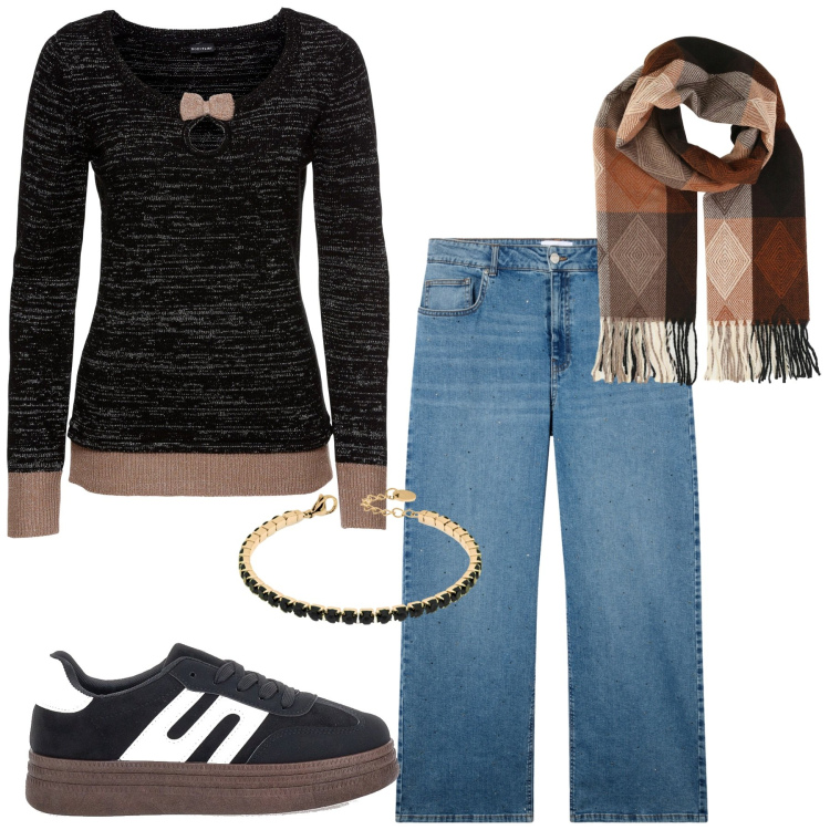 Outfit donna - Total look #2283518. Stile Minimal per Tutti i giorni. Abbinamento con maglieria, sciarpe, jeans, braccialetti, sneakers.