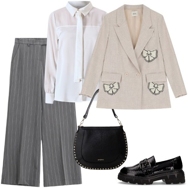 Outfit donna - gessato classico. Stile Chic per Cerimonia. Abbinamento con camicie, pantaloni a palazzo, borse a spalla, blazer, mocassini.