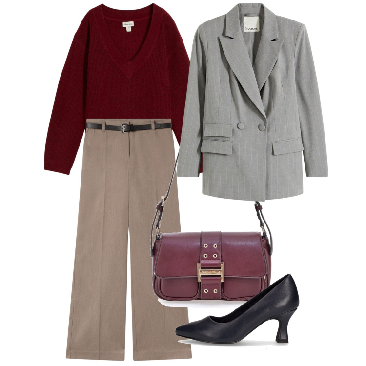 Outfit donna - Novembre. Stile Bon Ton per Ufficio. Abbinamento con blazer, maglieria, pantaloni, borse a tracolla, décolleté.