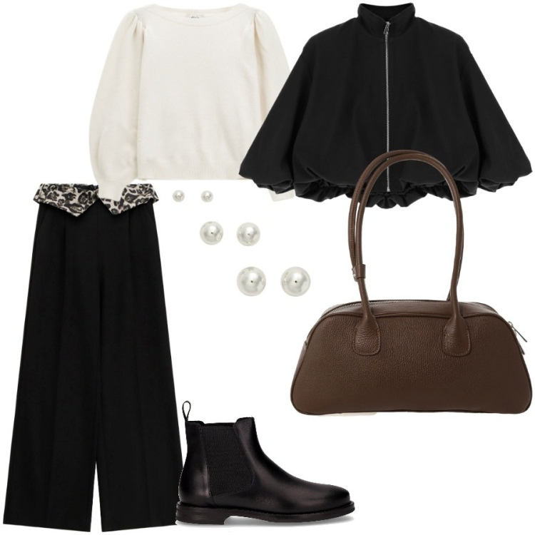 Outfit donna - Dettaglio animalier. Stile Casual chic per Ufficio. Abbinamento con pantaloni a palazzo, bomber, maglieria, borse a mano, orecchini, stivaletti chelsea.