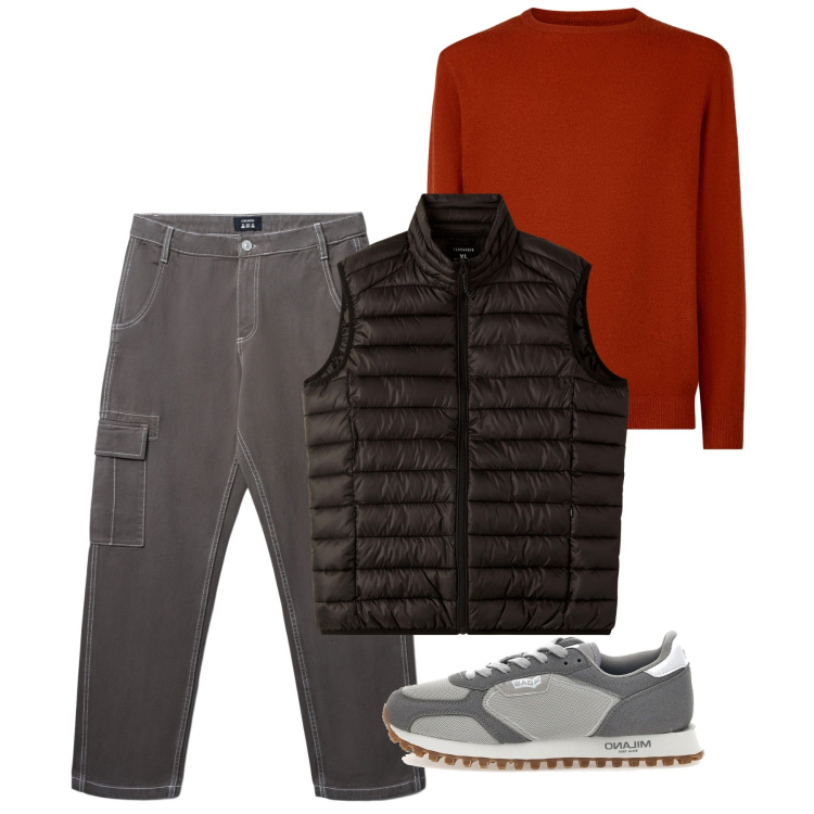 Outfit uomo - Novembre. Stile Casual per Tutti i giorni. Abbinamento con pantaloni cargo, piumini, sneakers, maglieria.