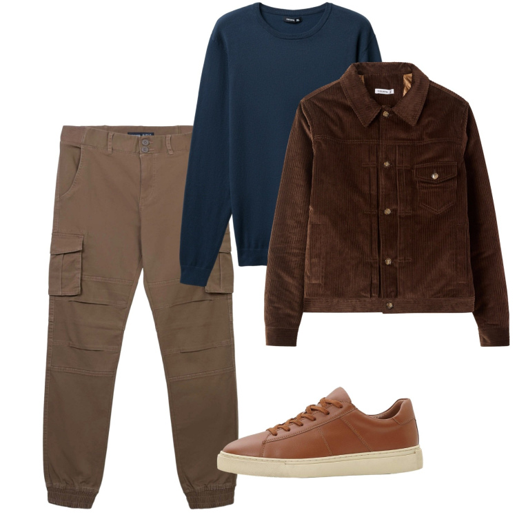 Outfit uomo - Novembre ottanio e marrone. Stile Urban per Tutti i giorni. Abbinamento con sneakers, pantaloni cargo, maglieria, cappotti.