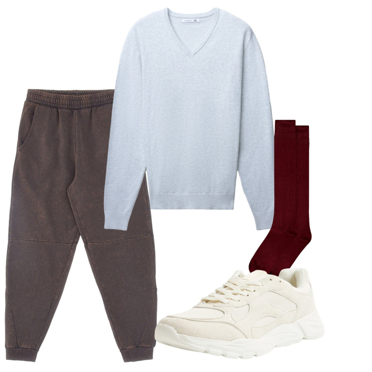 Outfit uomo - Homewear. Stile Casual per Tutti i giorni. Abbinamento con sneakers, maglieria, calzini, pantaloni.
