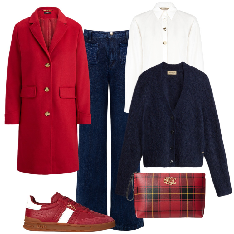 Outfit donna - Il cappottino rosso. Stile Casual chic per Tutti i giorni. Abbinamento con jeans, camicie, sneakers, pochette, cappotti, cardigans.