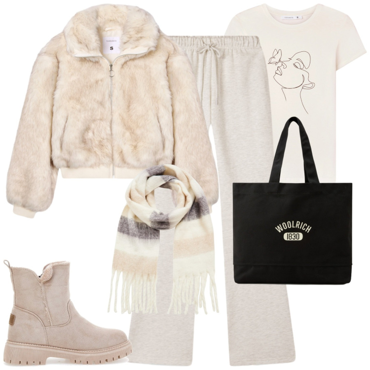 Outfit donna - Morbidosa. Stile Casual per Tutti i giorni. Abbinamento con pantaloni, sciarpe, t-shirt, ecopellicce, borse tote, stivaletti.