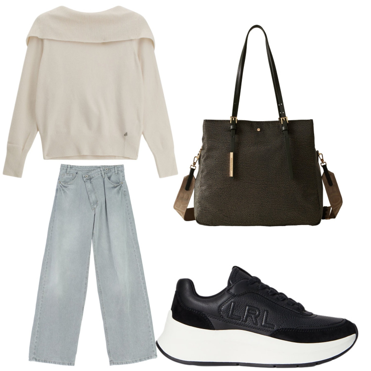 Outfit donna - Aperitivo. Stile Trendy per Tutti i giorni. Abbinamento con pantaloni, maglieria, shopping bag, sneakers.