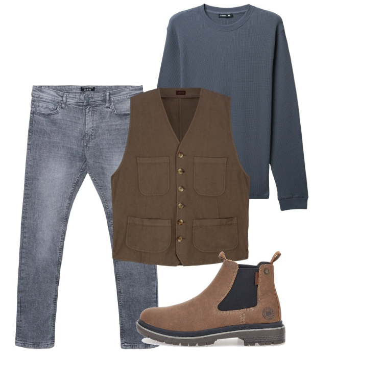 Outfit uomo - Novembre. Stile Casual per Tutti i giorni. Abbinamento con jeans skinny, maglieria, stivali e stivaletti, gilet.
