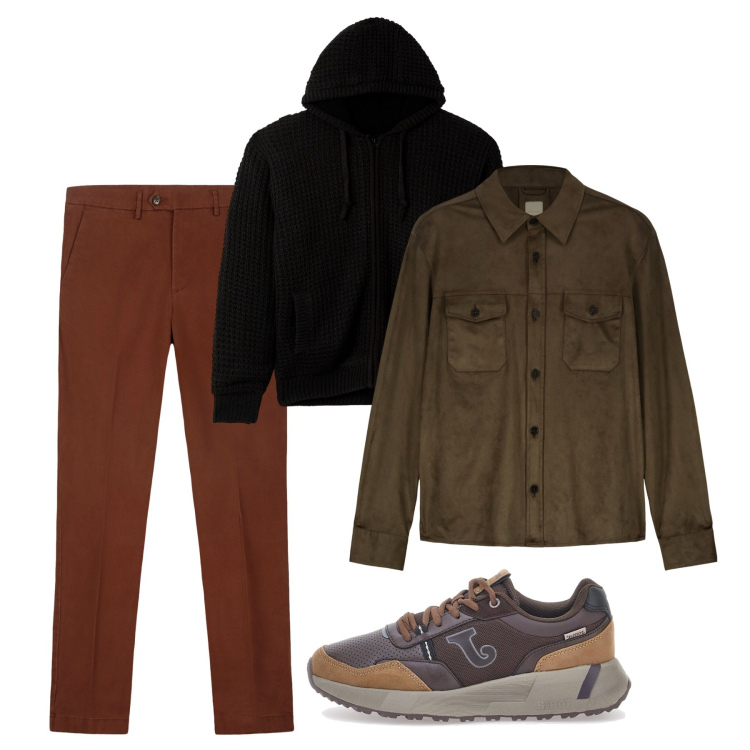 Outfit uomo - Autunno. Stile Casual per Tutti i giorni. Abbinamento con cardigans, giacche, pantaloni chino, sneakers.