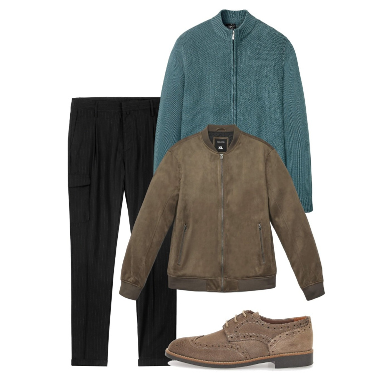 Outfit uomo - Novembre. Stile Casual per Tutti i giorni. Abbinamento con cardigans, giacche, scarpe stringate, pantaloni cargo.