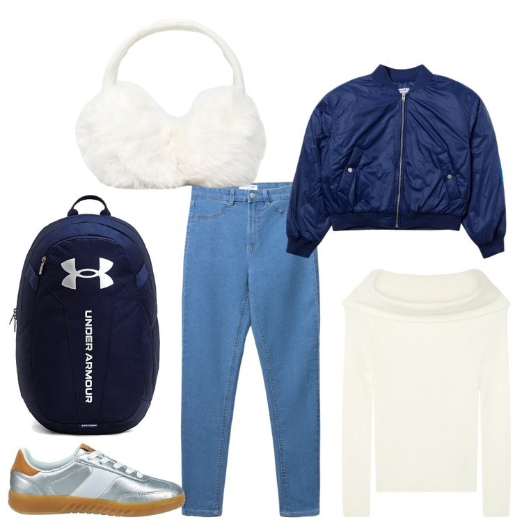 Outfit donna - Sport chic. Stile Sporty chic per Scuola/Università. Abbinamento con cappelli, jeggings, bomber, maglieria, sneakers, zaini.