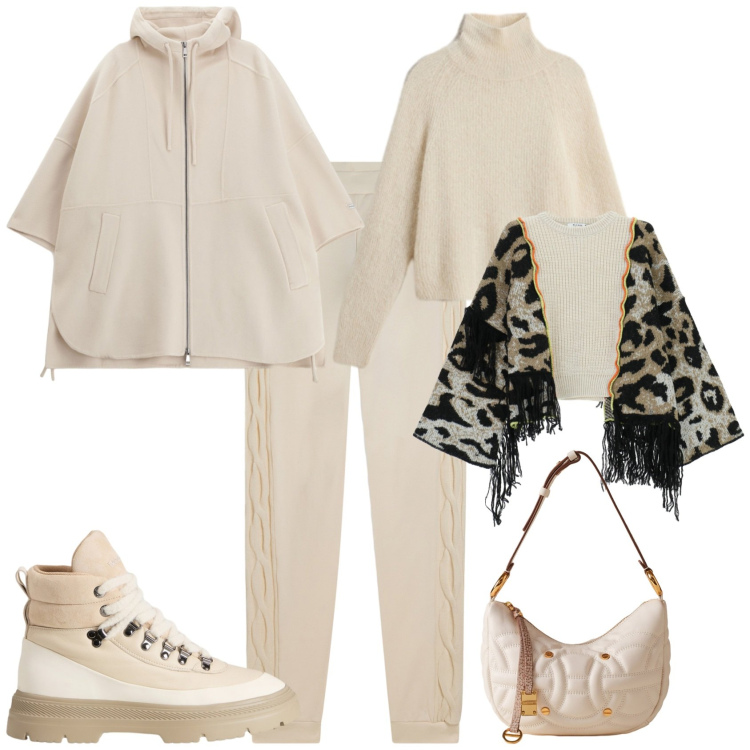 Outfit donna - Week end in montagna. Stile Trendy per Tutti i giorni. Abbinamento con cardigans, borse a spalla, pantaloni, cappotti, anfibi, maglieria.