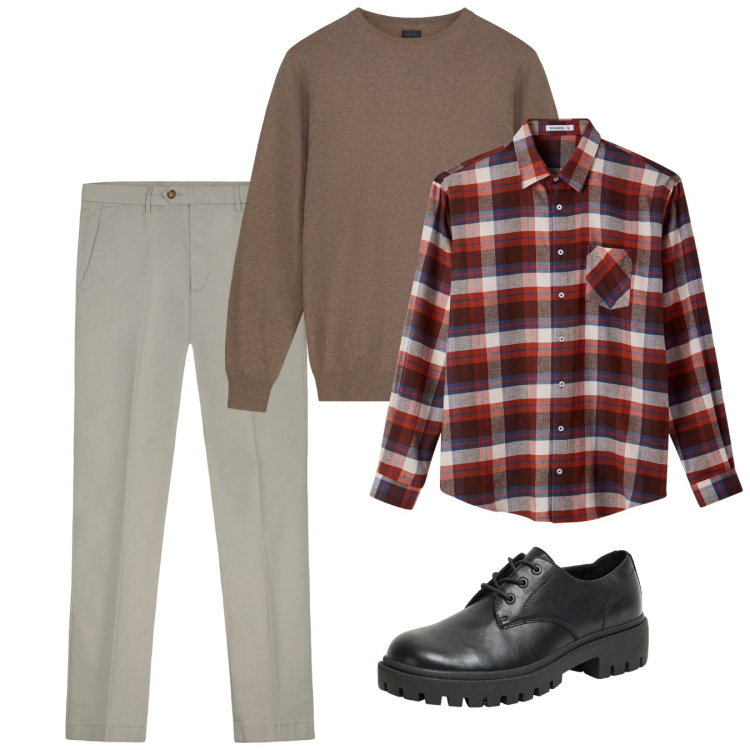 Outfit uomo - Autunno. Stile Casual per Tutti i giorni. Abbinamento con scarpe stringate, camicie, pantaloni chino, maglieria.