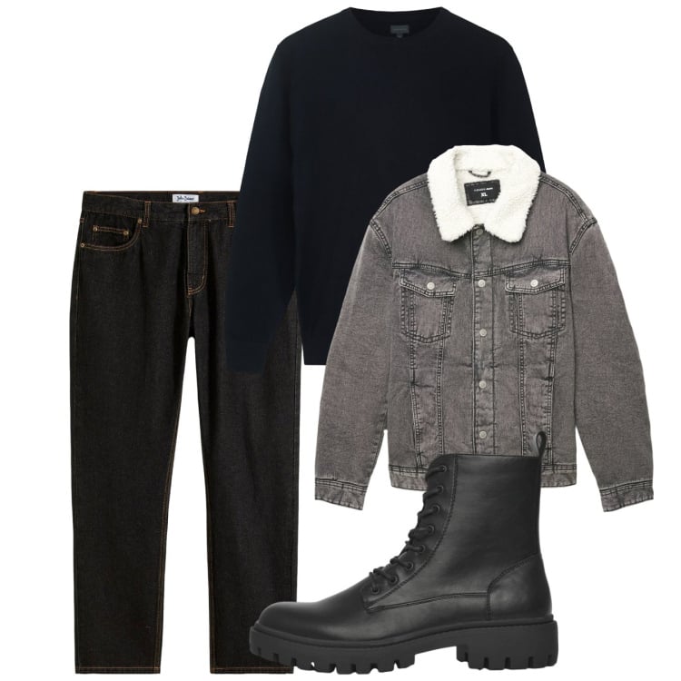 Outfit uomo - City. Stile Urban per Tutti i giorni. Abbinamento con jeans dritti, anfibi, cappotti, maglieria.
