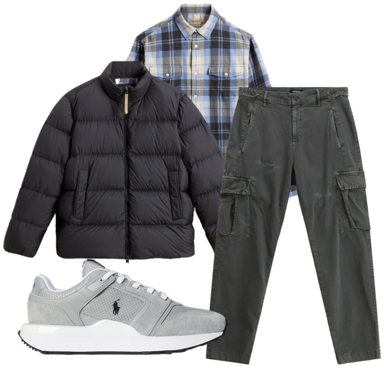 Outfit uomo - Total look #2283564. Stile Casual per Tutti i giorni. Abbinamento con pantaloni cargo, sneakers, piumini, camicie.