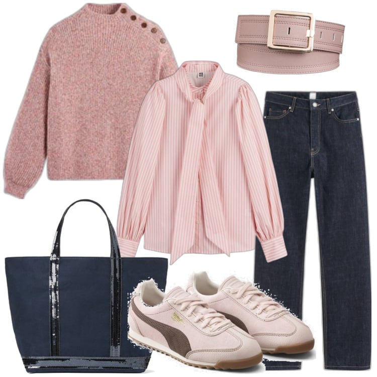 Outfit mujer - Casual #12639. Estilo Casual para Oficina. Combinación con prendas de punto, camisas, vaqueros rectos, cinturones, bolso tote, sneakers.