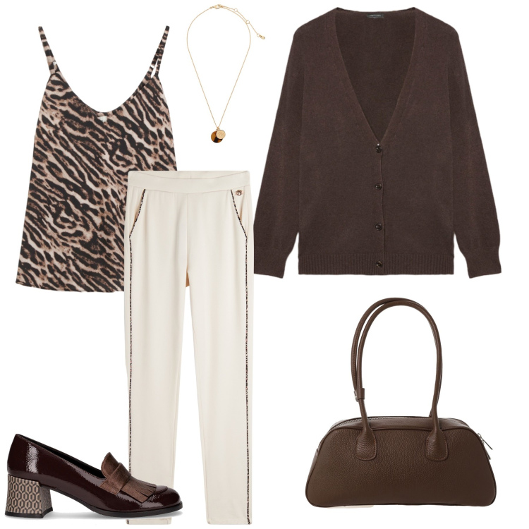 Outfit donna - Total look #2283575. Stile Casual chic per Tutti i giorni. Abbinamento con borse a mano, top, pantaloni, collane, cardigans, mocassini.