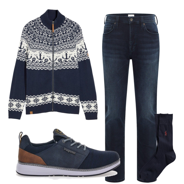 Outfit uomo - Mare d\'inverno. Stile Casual per Tutti i giorni. Abbinamento con jeans slim fit, cardigans, calzini, sneakers.