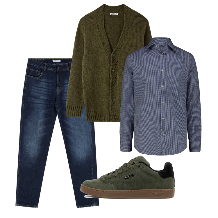 Outfit uomo - Novembre. Stile Casual per Tutti i giorni. Abbinamento con cardigans, jeans dritti, sneakers, camicie.