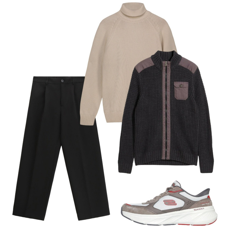 Outfit uomo - Novembre. Stile Casual per Tutti i giorni. Abbinamento con cardigans, pantaloni, pullovers, sneakers.
