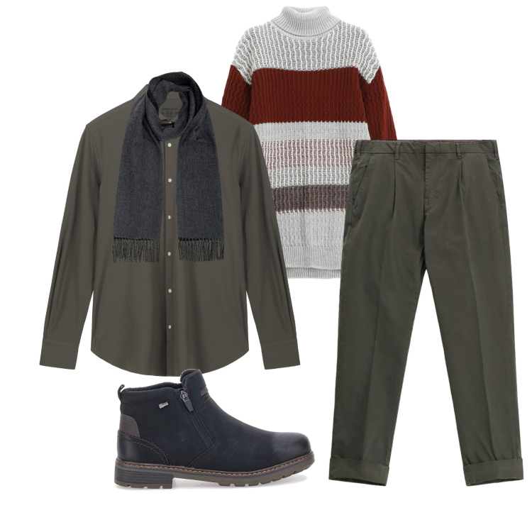 Outfit uomo - Total look #2283582. Stile Trendy per Tutti i giorni. Abbinamento con maglieria, pantaloni chino, sciarpe, camicie, stivali e stivaletti.